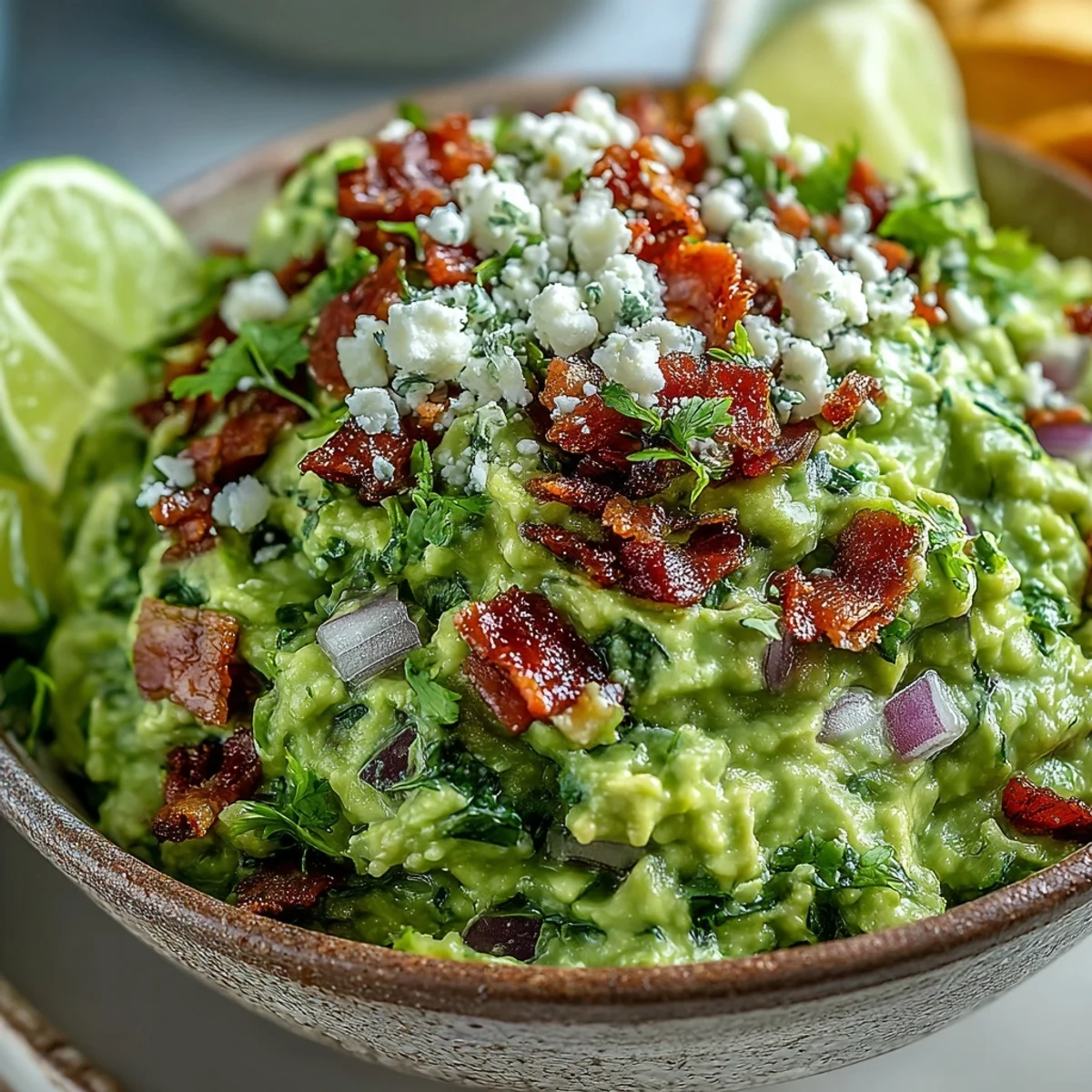 A close-up of Bacon Guacamole With Cotija Cheese, featuring chunky avocado, diced tomatoes, jalapeños, and smoky bacon on a rustic wooden board.  