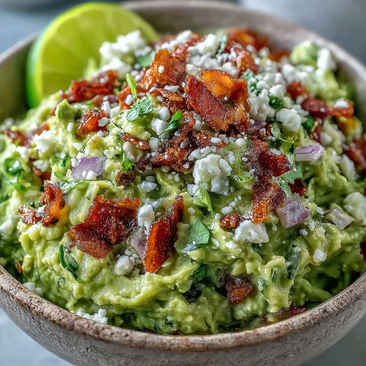 Serving bowl of Bacon Guacamole With Cotija Cheese topped with extra bacon, Cotija, and lime slices, paired with crunchy tortilla chips.