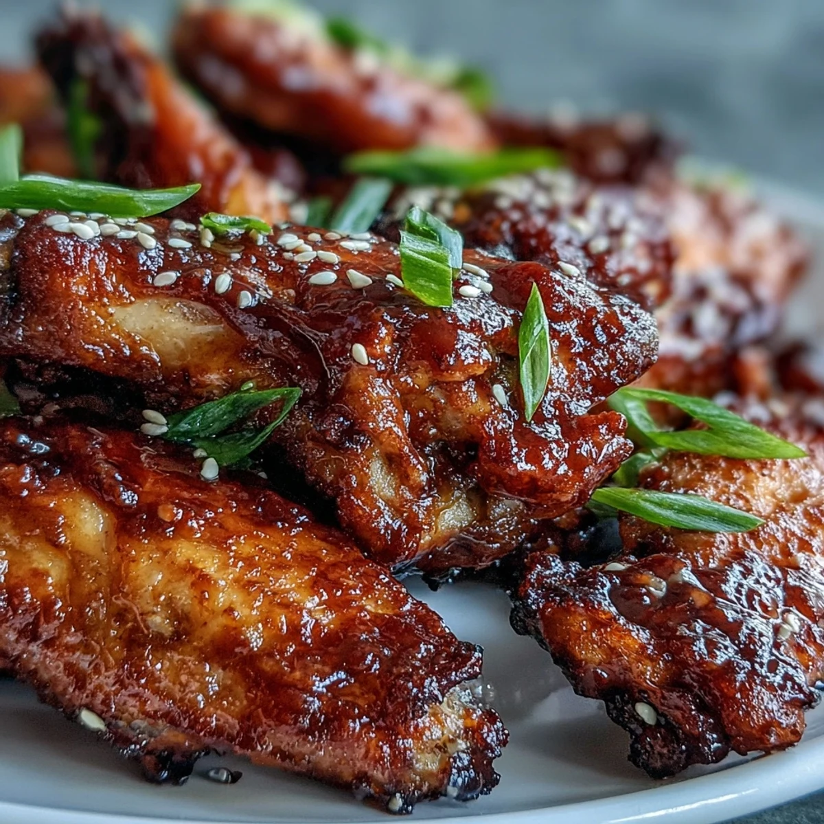 Sticky Coca Cola Chicken Wings glistening on a platter, garnished with fresh scallions and sesame seeds.