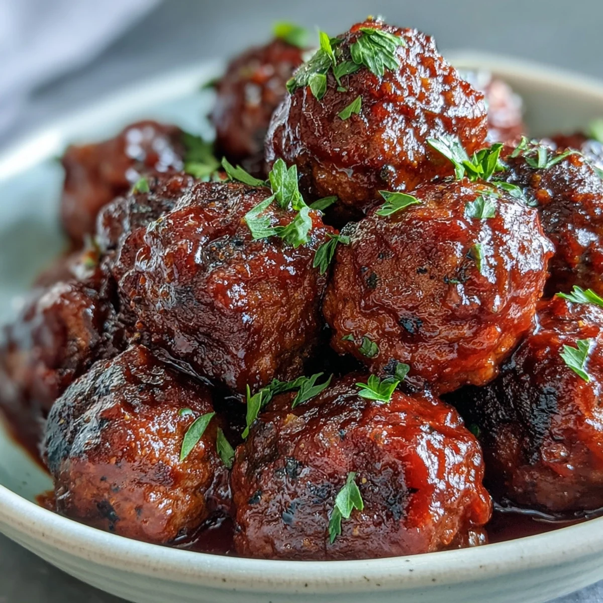 Savory meatballs in grape jelly and chili sauce simmer, filling the kitchen with sweet-tangy aroma.  