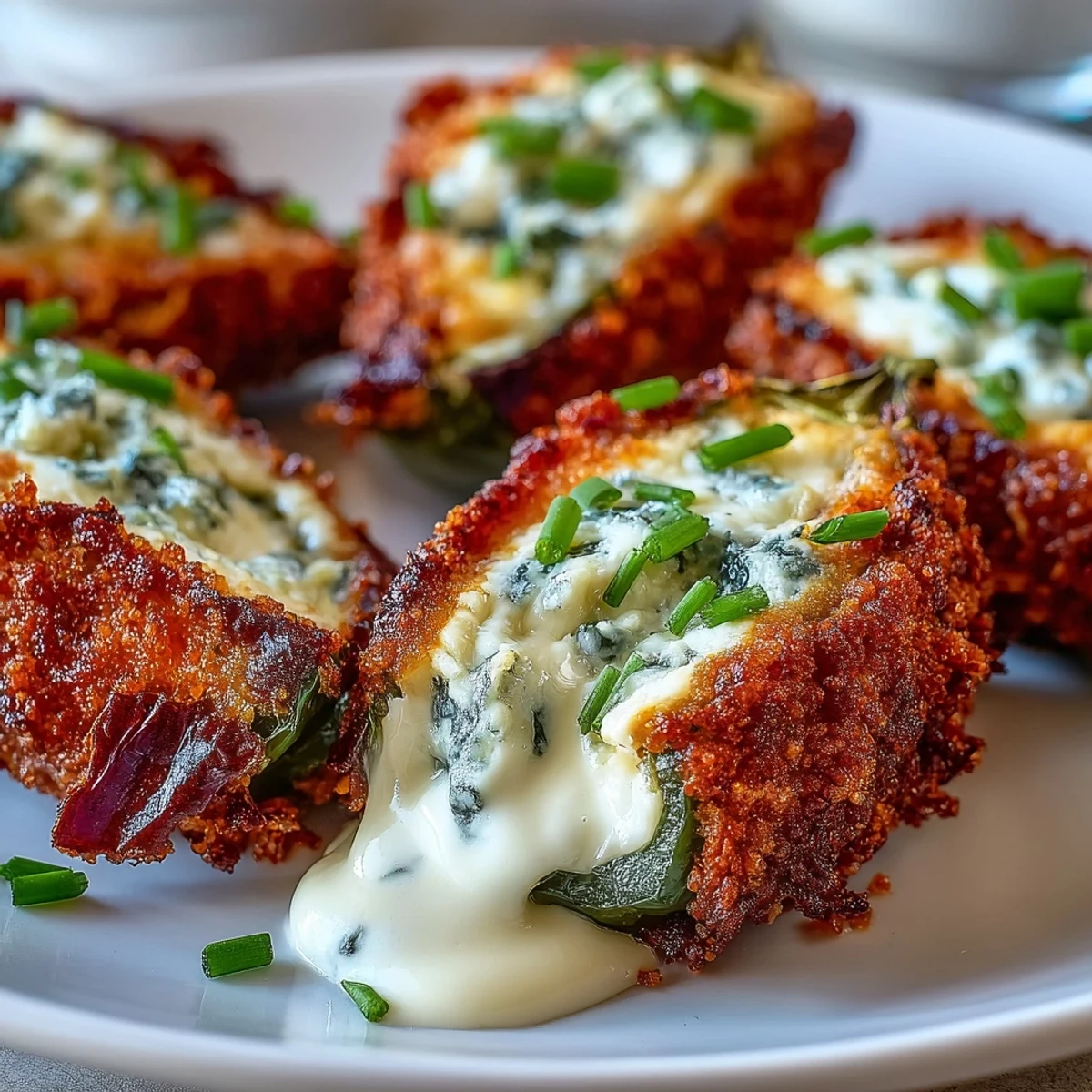 Air Fryer Jalapeño Poppers topped with crumbled bacon, fresh chives, and a creamy dip on the side.  
