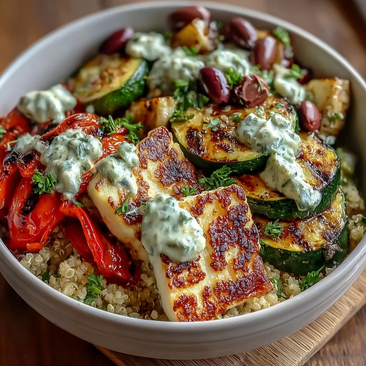 Sliced grilled chicken and charred vegetables top nutty quinoa in this Healthy Grilled Mediterranean Bowl with creamy tzatziki.