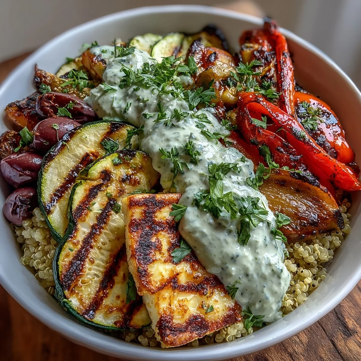 Golden halloumi and smoky zucchini rest on fluffy quinoa for a vibrant Healthy Grilled Mediterranean Bowl dinner.