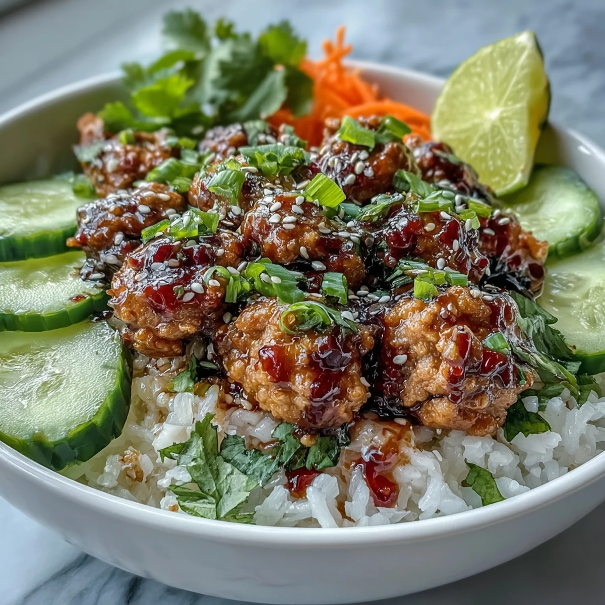 Sizzling ground turkey coated in creamy bang bang sauce sits atop fluffy rice, with crisp carrots, cucumbers, and cabbage, sesame seeds, and scallions in a vibrant bowl.