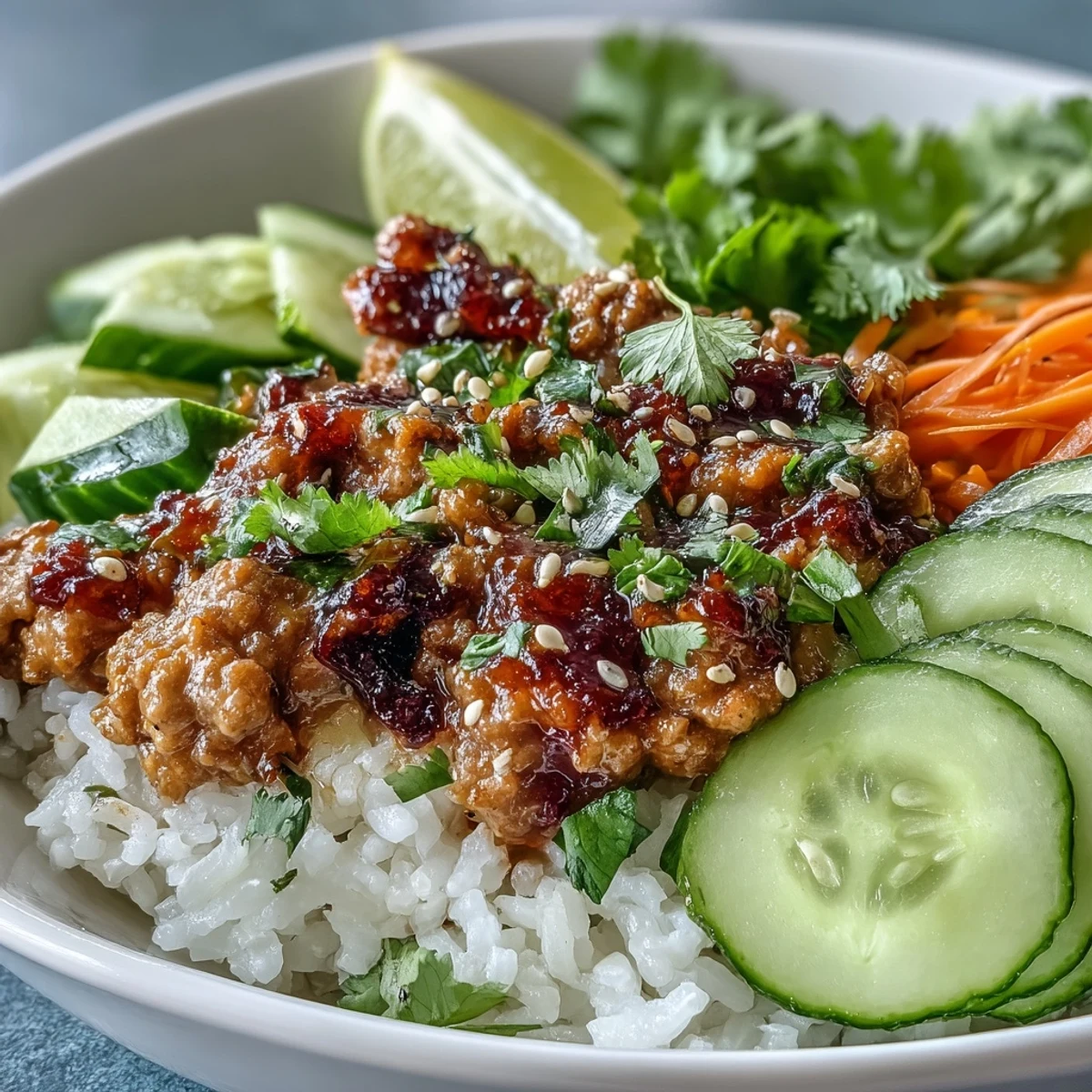 A serving of Bang Bang Ground Turkey Rice Bowls featuring tender meat, crunchy vegetables, and sesame-lime accents, with extra sauce on the side for dipping.