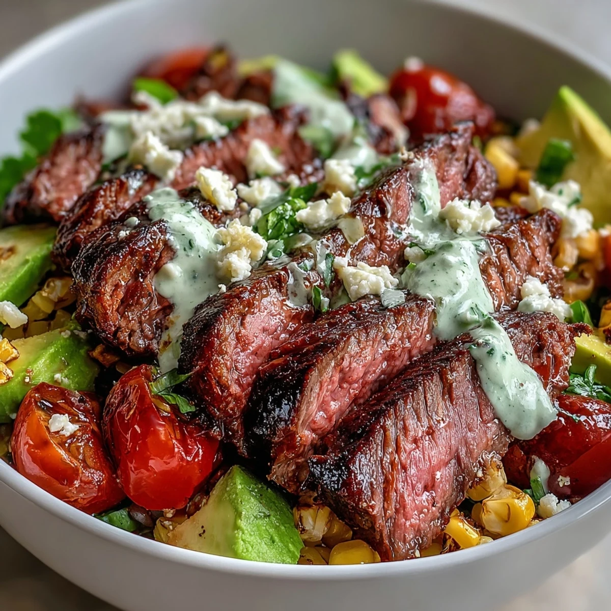Juicy sliced steak and charred roasted corn are arranged over rice with avocado and drizzled with creamy cilantro sauce.