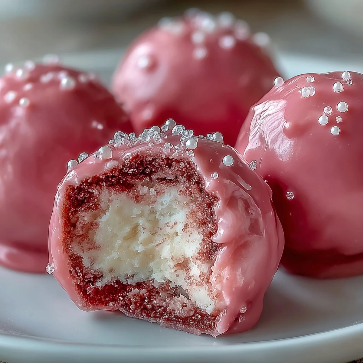 Crumbly chocolate centers of Oreo Truffle Balls with Pink Candy Coating peek out from a smooth, pastel-pink chocolate shell.