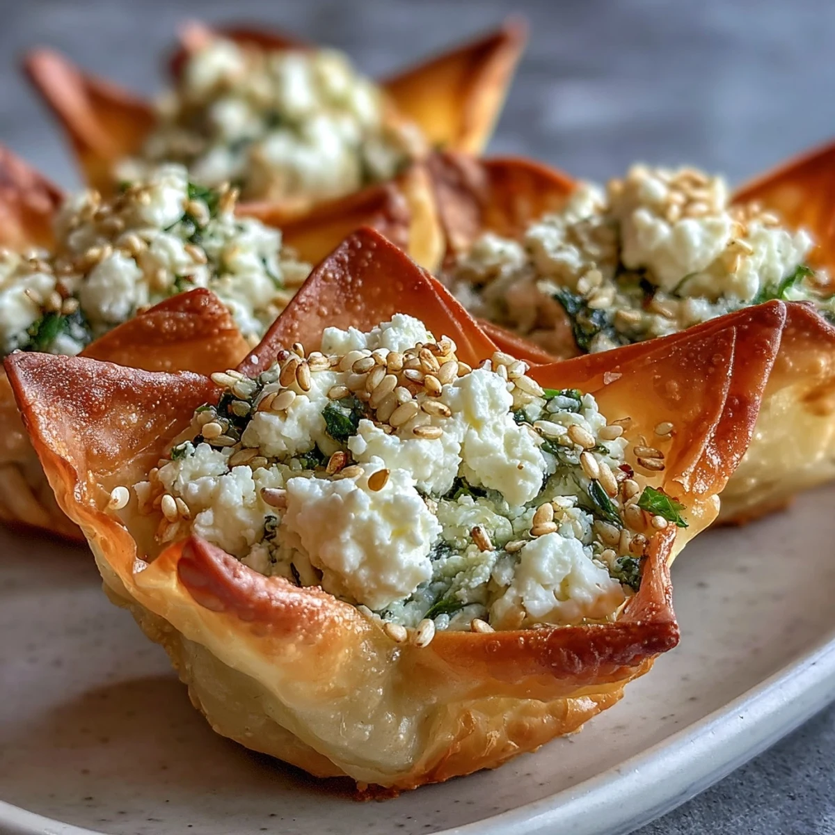 Golden-baked wonton cups of Mediterranean Spinach and Feta Cheese Crisps, overflowing with creamy filling, fresh parsley, and a sprinkle of smoked paprika.