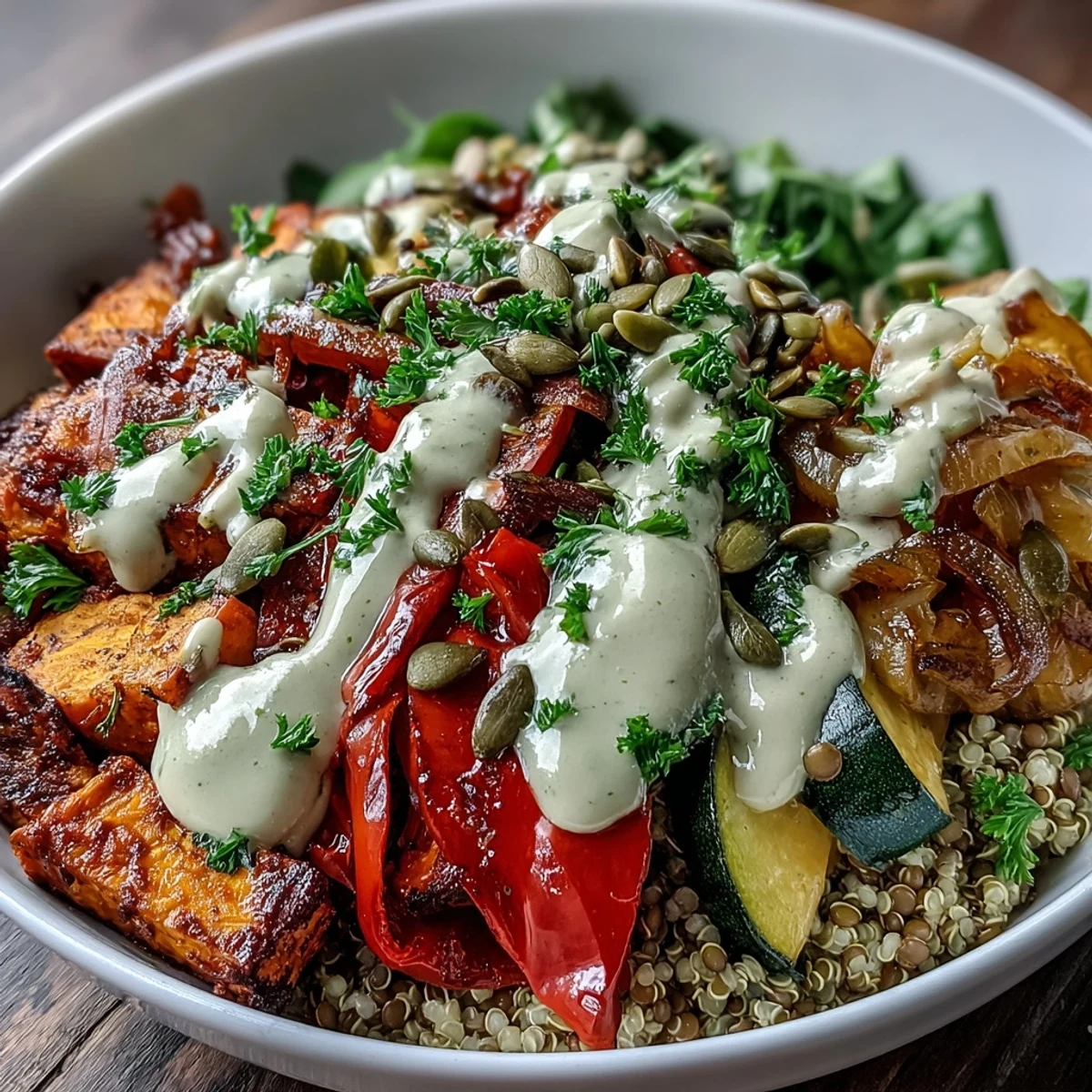 A close-up of the Lentil Power Bowl reveals caramelized roasted vegetables over a bed of tender lentils and fluffy grains, drizzled with creamy tahini dressing.