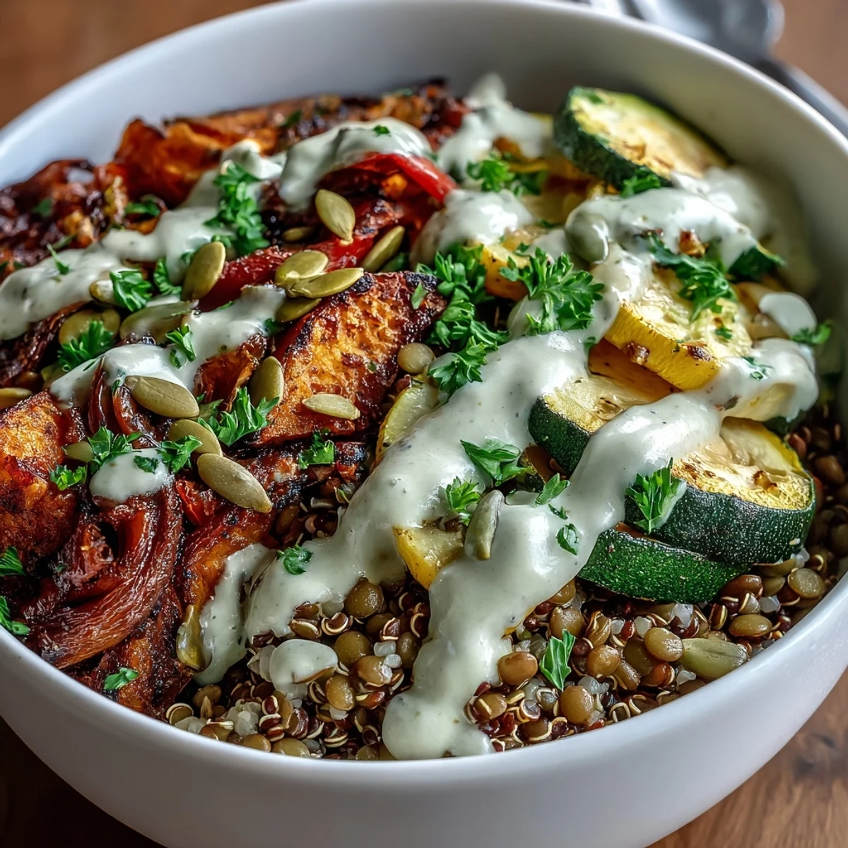 Overhead view of a vibrant Lentil Power Bowl with golden-brown lentils, hearty quinoa, and roasted veggies, all coated in a luscious tahini dressing.