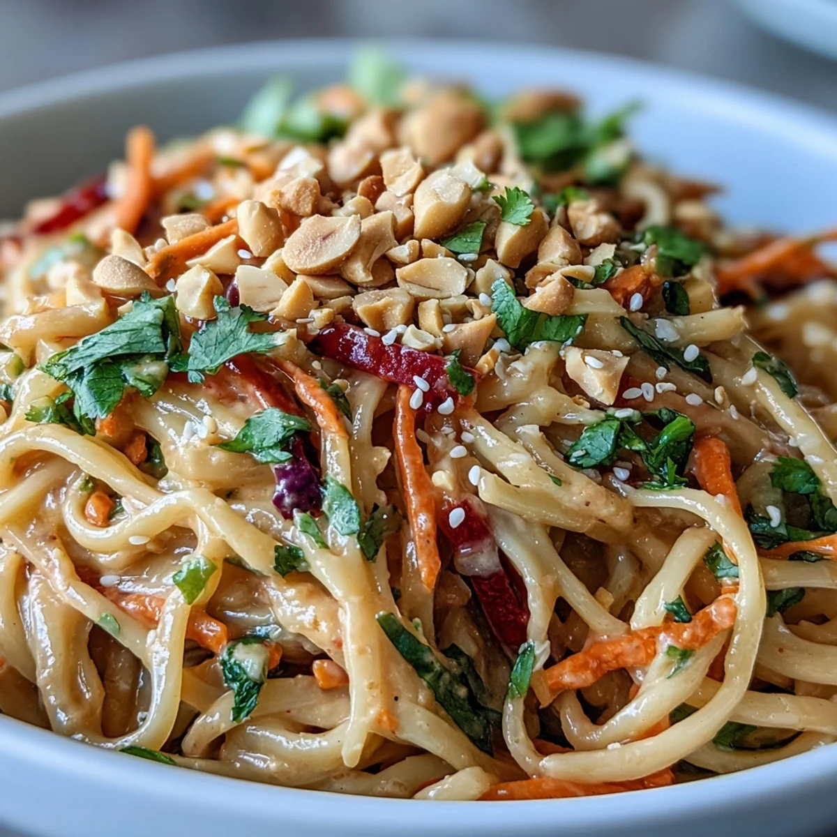 A bowl of Asian Peanut Noodle Bowl with rice noodles, shredded cabbage, carrots, and fresh cilantro tossed in creamy peanut sauce.