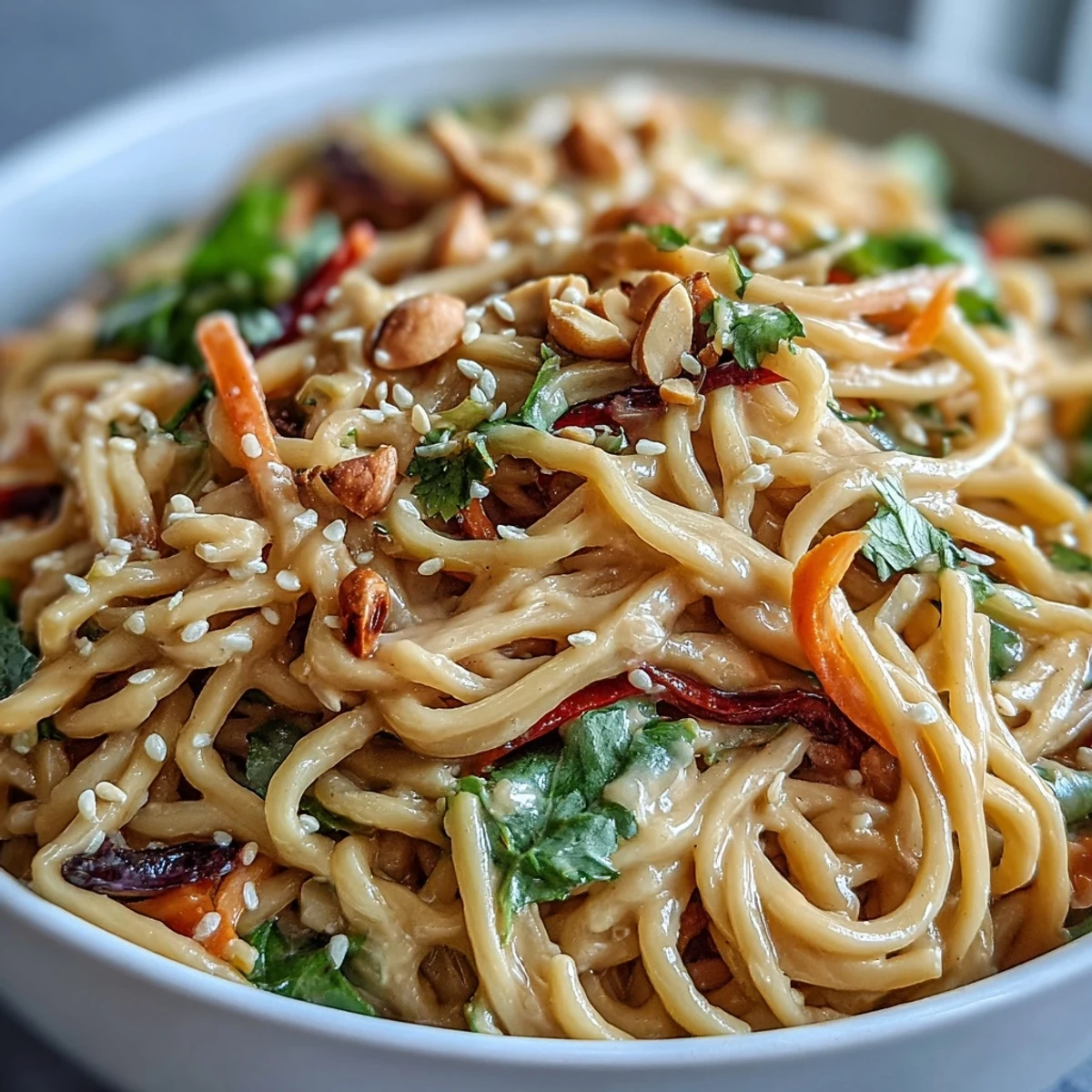 Asian Peanut Noodle Bowl served with lime wedges on a white plate, topped with red bell pepper and bean sprouts.