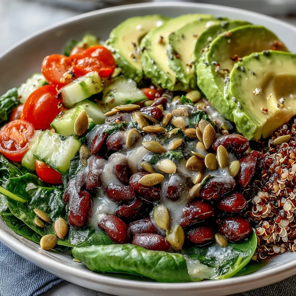 A vibrant Three-Bean Power Bowl with chickpeas, black beans, fresh veggies, and avocado slices on a bed of fluffy quinoa.