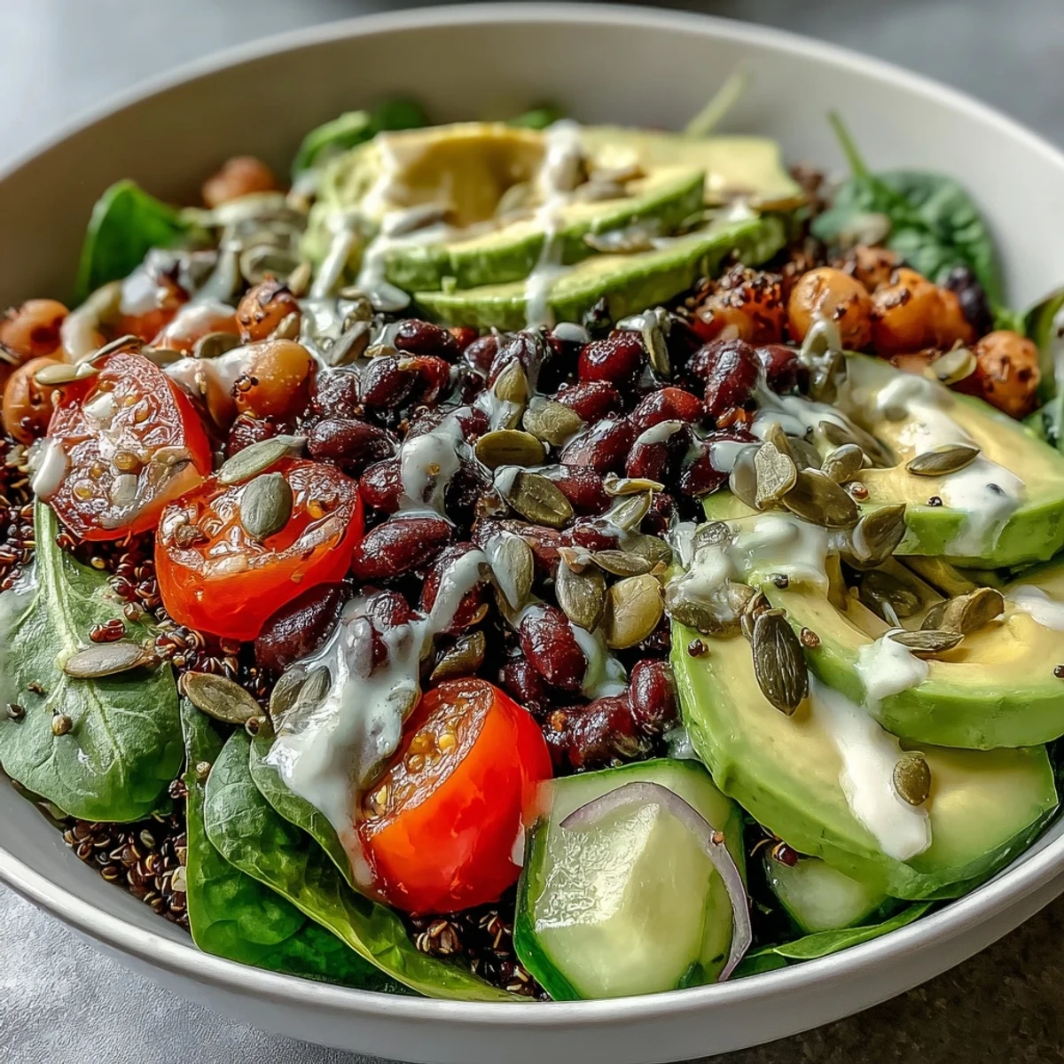 Spoon into a fresh Three-Bean Power Bowl filled with kidney beans, crisp bell peppers, cucumbers, and a drizzle of zesty lemon dressing.