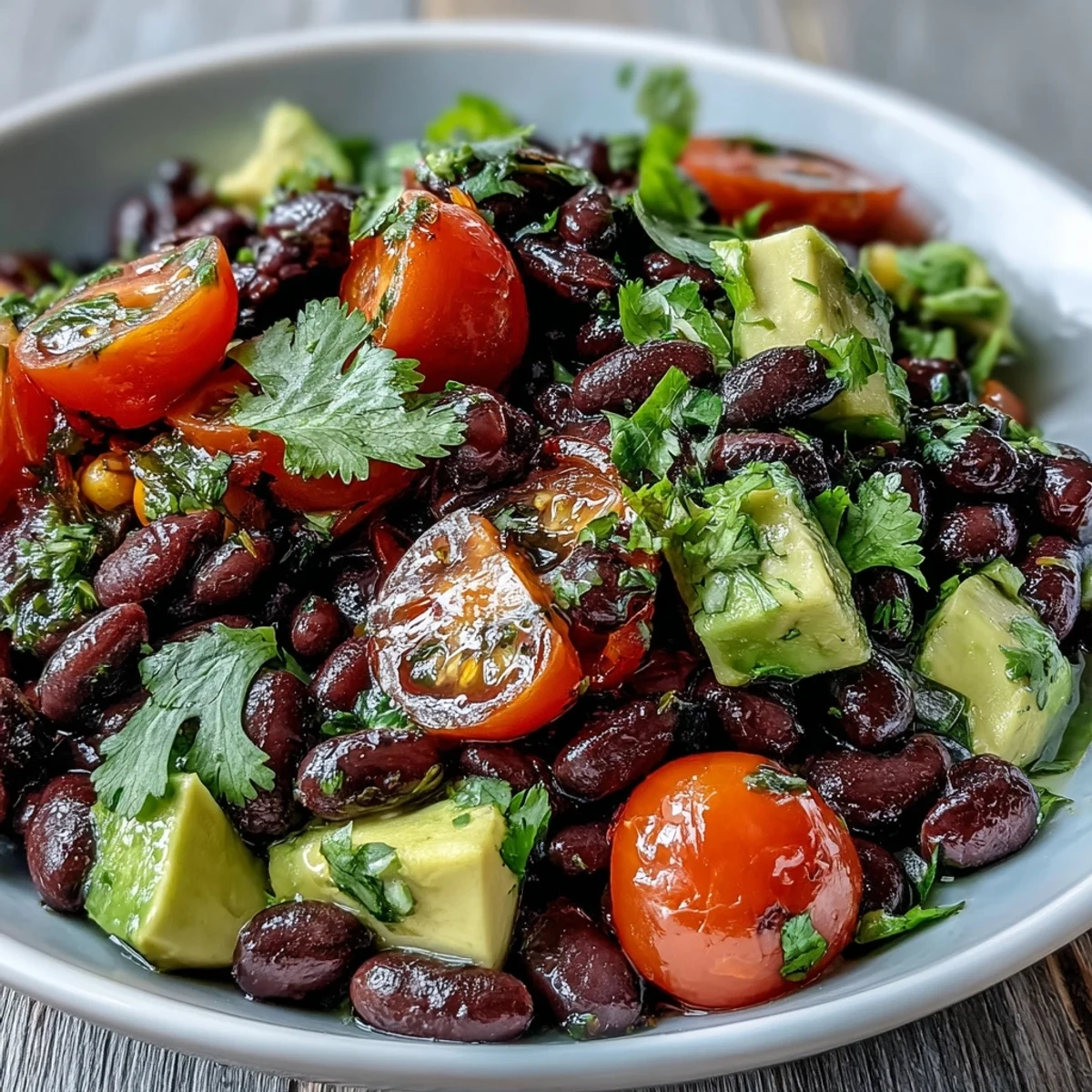 Close-up of a nourishing Black Bean and Veggie Bowl featuring black beans, corn, tomatoes, and red onion for a fresh meal.