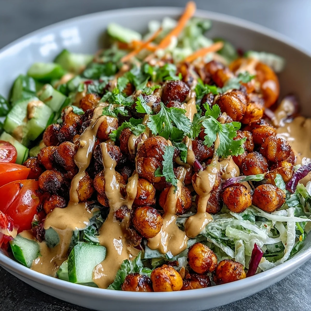 Twisted lime and sesame seeds garnish this colorful Peanut Chickpea Protein Bowl, ready for a nourishing weeknight dinner.