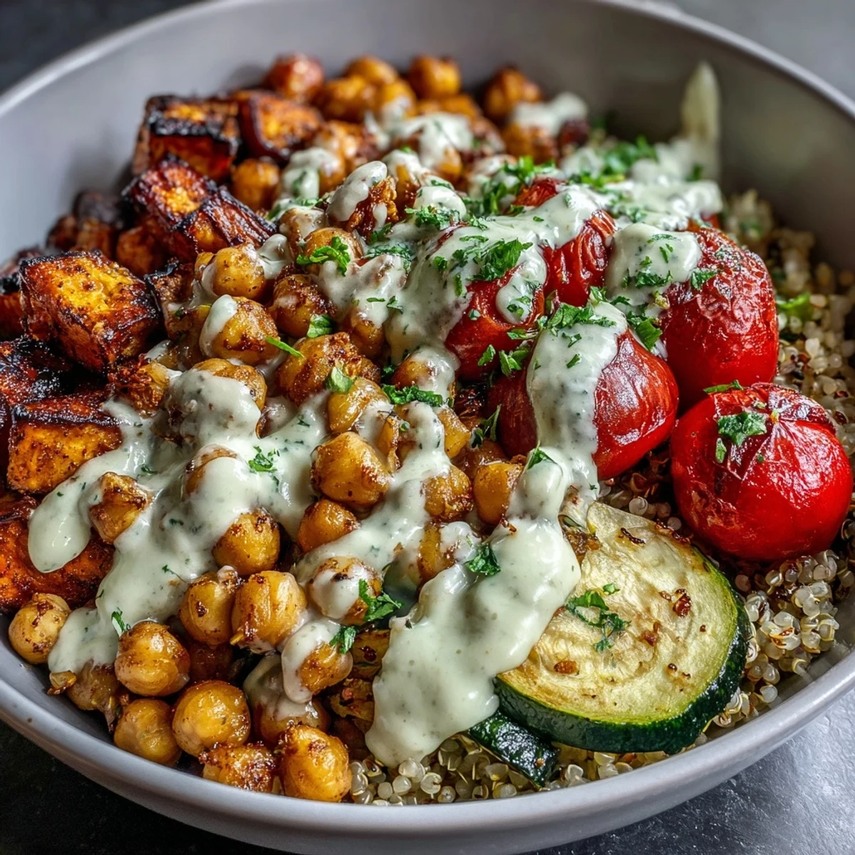 Colorful roasted sweet potato, bell pepper, and red onion complement spiced crispy chickpeas in this hearty Chickpea Power Bowl drizzled with tahini.