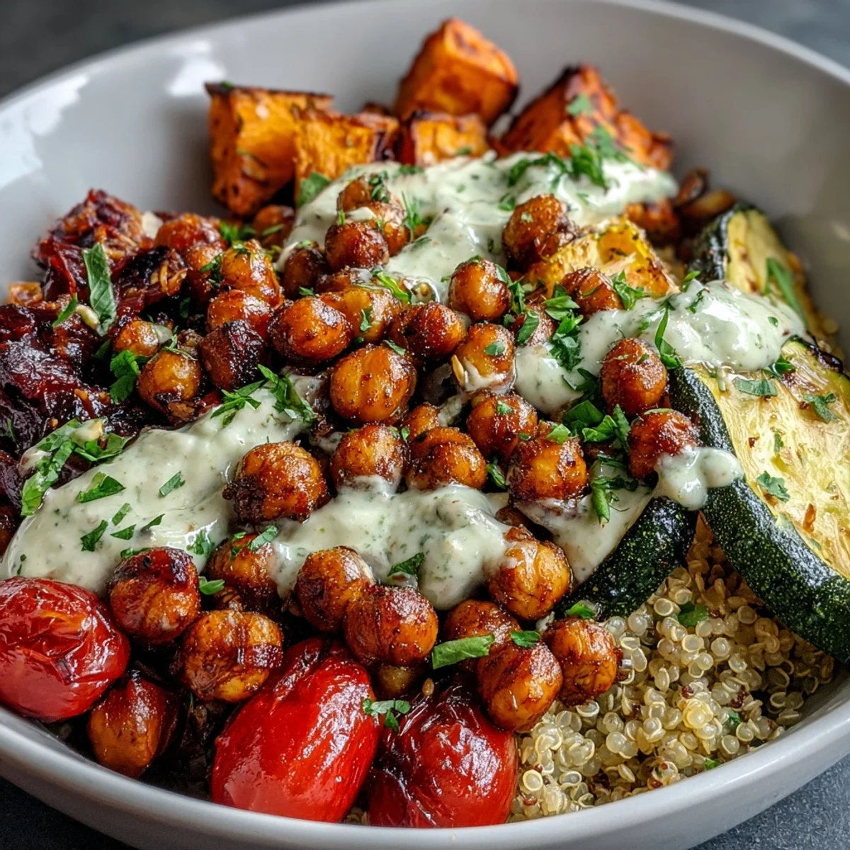 A close-up view of a wholesome Chickpea Power Bowl with sliced avocado, cherry tomatoes, pumpkin seeds, and parsley on a bed of quinoa.