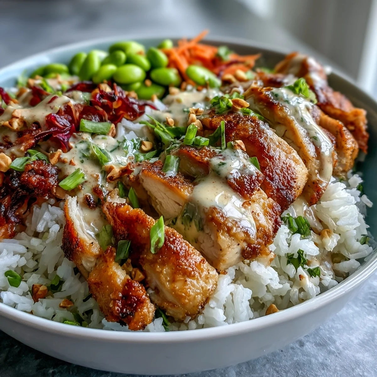 Sliced grilled chicken rests on fluffy coconut rice with cucumbers, edamame, and a drizzle of peanut sauce.