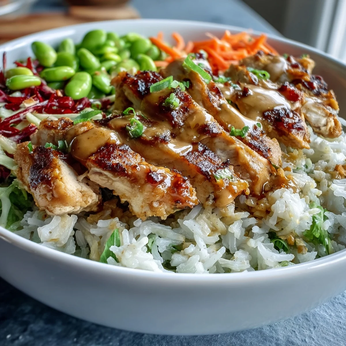 A close-up of a coconut rice peanut bowl with fresh cilantro garnish and lime wedges on the side.