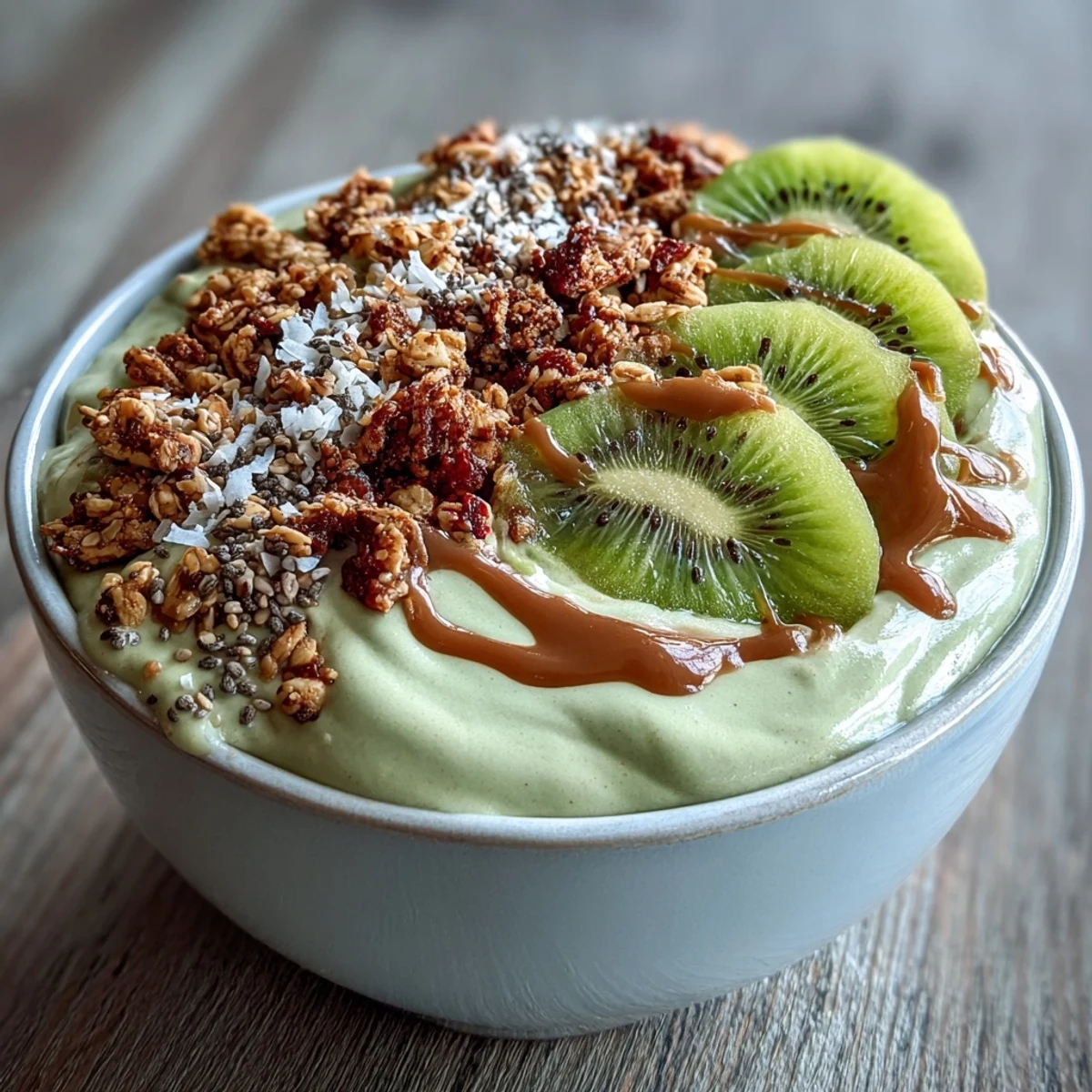 Creamy hojicha smoothie bowl topped with granola, fresh berries, and sliced kiwi on a marble counter.