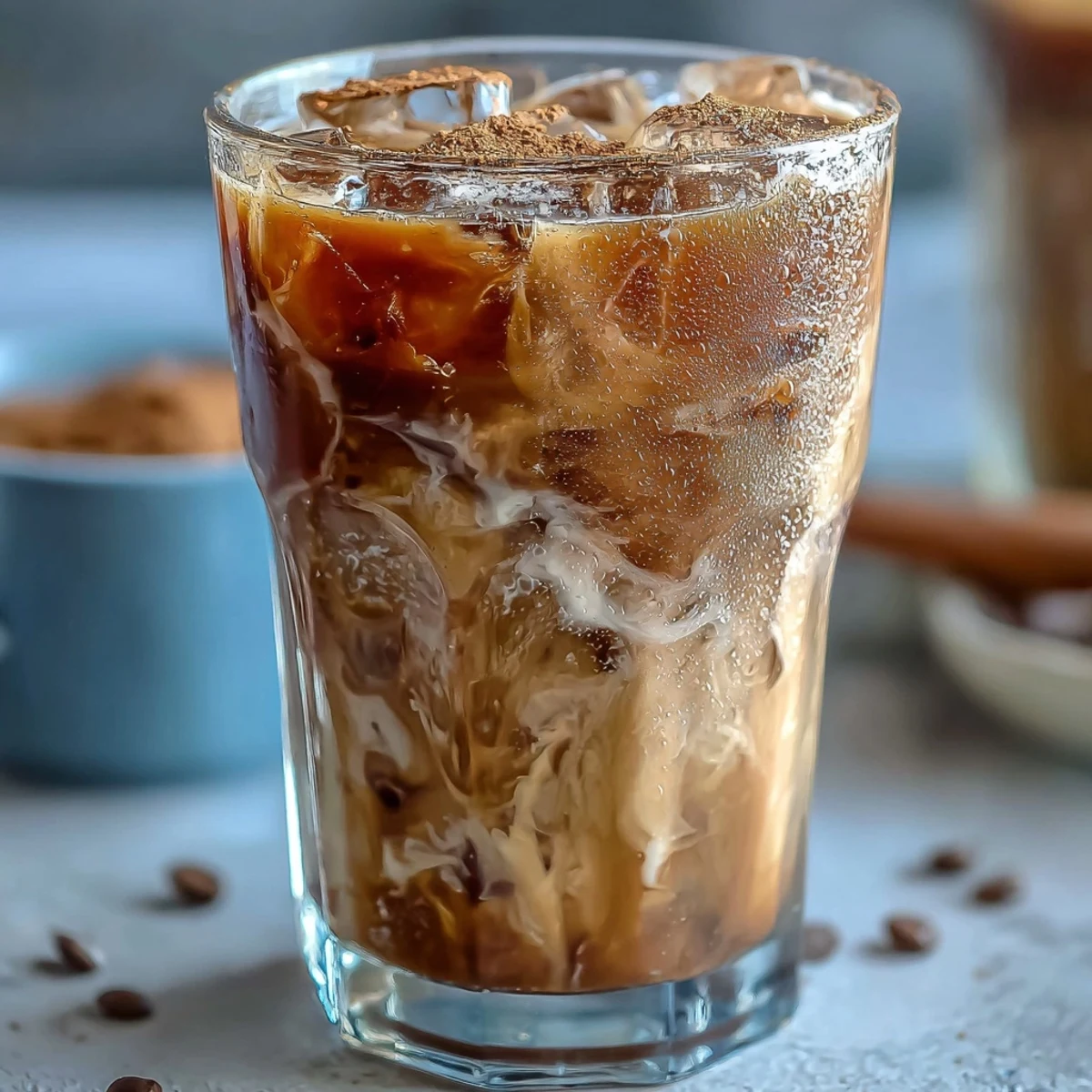 Serving Iced Hojicha with Cinnamon over ice, featuring a creamy texture and warm roasted notes in the roasted tea.