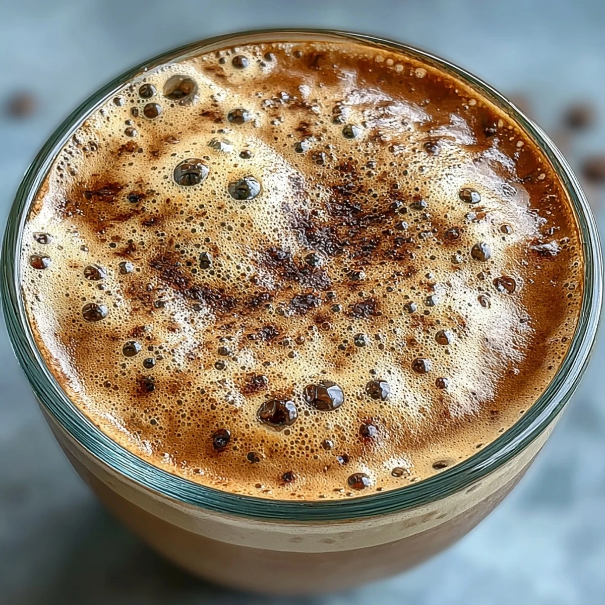 A close-up of a homemade Hojicha Macchiato in a small white espresso cup, featuring creamy steamed milk foam dotted on top of the rich, roasted green tea.