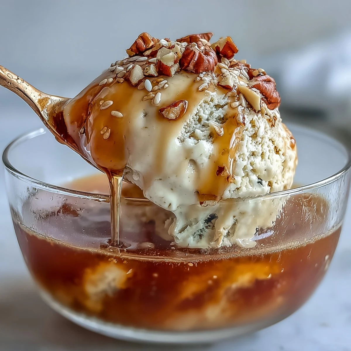 Hojicha Affogato with creamy vanilla ice cream, drenched in a steaming shot of roasted Japanese green tea.