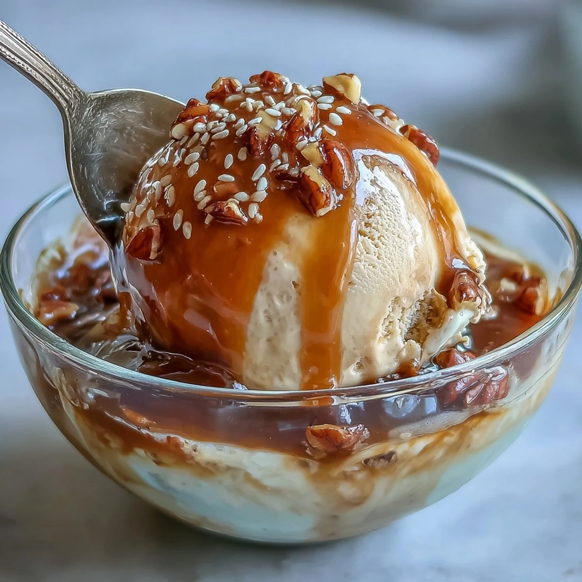 Hojicha Affogato dessert in a glass, topped with toasted sesame seeds for a nutty, aromatic finish.