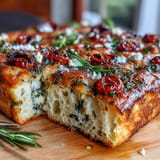 Golden focaccia bread with a medley of rosemary, thyme, chives, and basil, baked to perfection.  