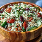 Vibrant Summer Orzo Salad featuring crumbled feta, crisp veggies, and a tangy lemon vinaigrette.