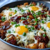 Savory Father's Day breakfast skillet with melty cheese and golden hash browns.