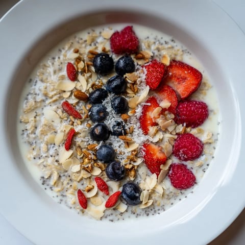 Creamy overnight oats with berries and chia seeds, a refreshing breakfast, ready to eat!