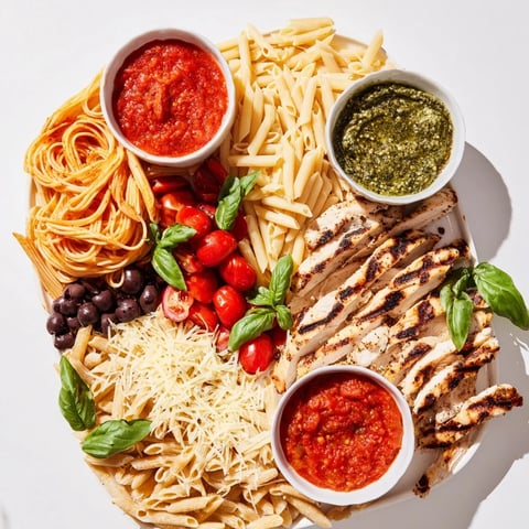 Girl Dinner pasta board with colorful pasta and grilled chicken, ready to be enjoyed.