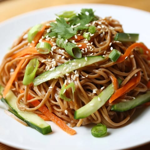 Chilled Noodle Lunch Cups with vibrant veggies, drizzled with savory sauce and sesame seeds.