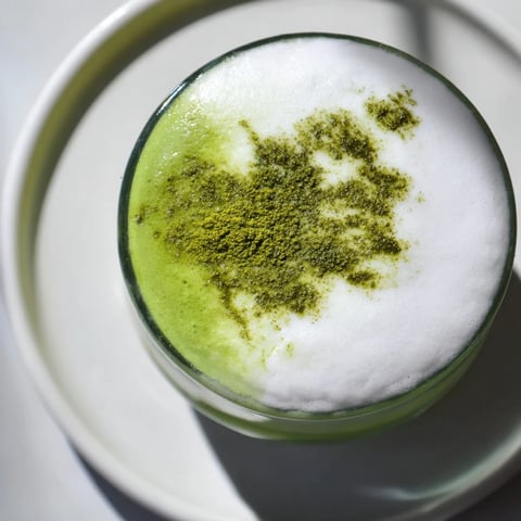 Bright green Creamy Matcha Latte with a cloud of sweet cold foam, a perfect afternoon drink.