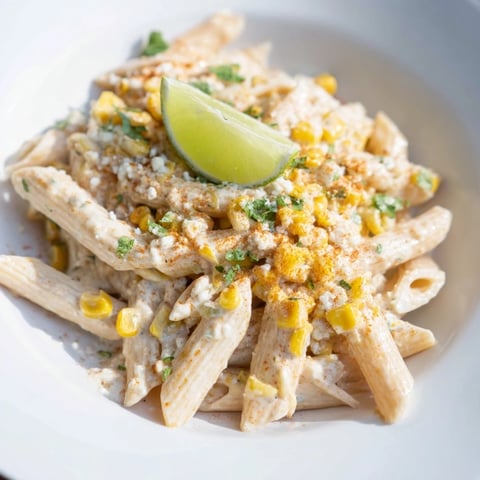 Creamy Mexican Street Corn Pasta, with vibrant corn, cheese, and a zesty lime sauce.