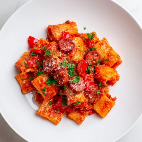 Smoky Spanish chorizo pasta with vibrant tomatoes, perfect for a flavorful weeknight meal.