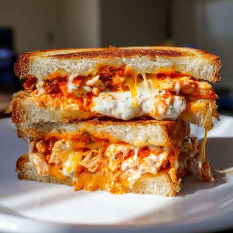 Golden-brown Buffalo Chicken Ranch Grilled Cheese sandwiches, sliced to show melted cheddar and spicy buffalo chicken on buttery sourdough bread.