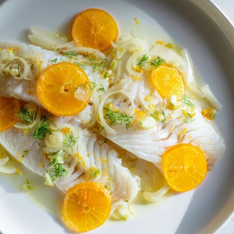 Perfectly poached cod fillets nestled in tender fennel slices, swimming in a bright, aromatic orange and herb broth for a healthy Mediterranean dinner.  