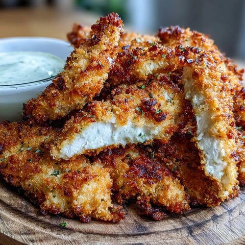 Crispy air fryer chicken strips with a golden breadcrumb crust and juicy interior, served with dipping sauce.