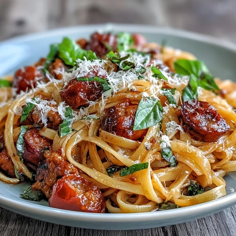 Steaming Italian Drunken Noodles with spicy sausage, sweet cherry tomatoes, and fresh basil garnish.