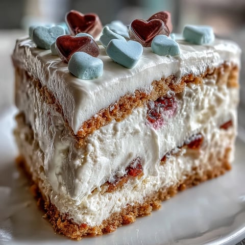 Creamy pink-frosted Candy Hearts Fake Cake topped with crunchy conversation hearts and rainbow sprinkles.