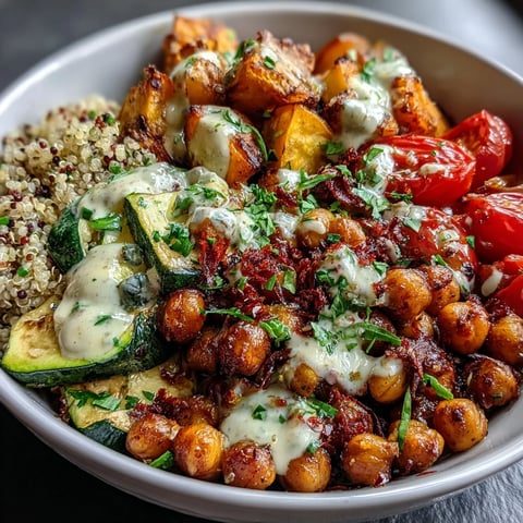 Freshly roasted spiced chickpeas and colorful vegetables sit atop fluffy quinoa in this vibrant Chickpea Power Bowl, finished with creamy tahini sauce.