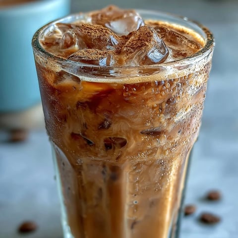 Iced Hojicha with Cinnamon in a glass filled with ice cubes, creamy milk swirling into roasted Japanese tea. 