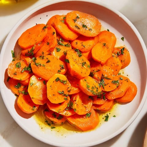 Golden Honey-Glazed Carrots glistening in a pan, ready to serve with their sweet, buttery honey glaze.