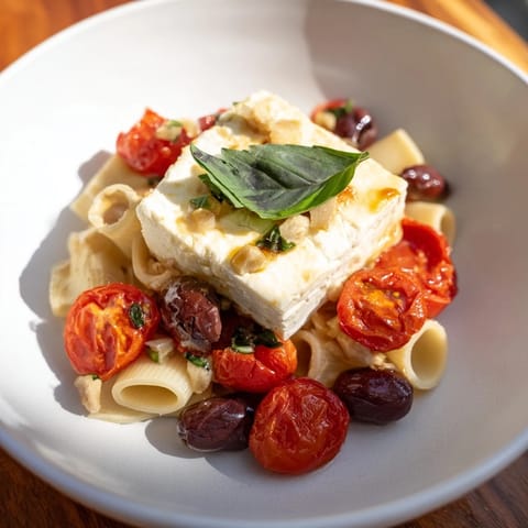 Hot, bubbly Baked Feta Pasta: a dish of melted feta cheese coating flavorful pasta.