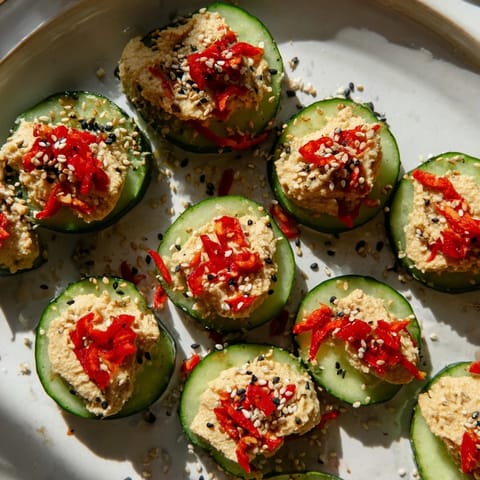 Fresh cucumber rounds topped with creamy hummus, creating delicious Quick Hummus and Cucumber Bites.