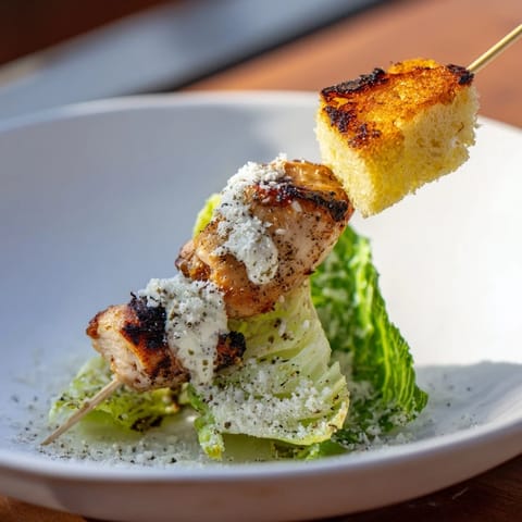 Vibrant Chicken Caesar Salad Skewers: grilled chicken, fresh romaine, and crunchy croutons in a delicious appetizer.
