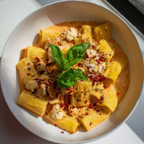 Close-up of the Spicy Vodka Chicken Pasta, highlighting the chili crisp and fresh basil garnish.